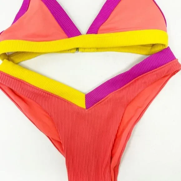 Oneone bikini Ribbed Neon Orange Triangle Bikini Set Beach Medium Large